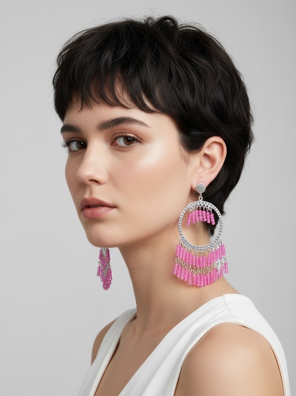 Pink Beaded Hoop Earrings